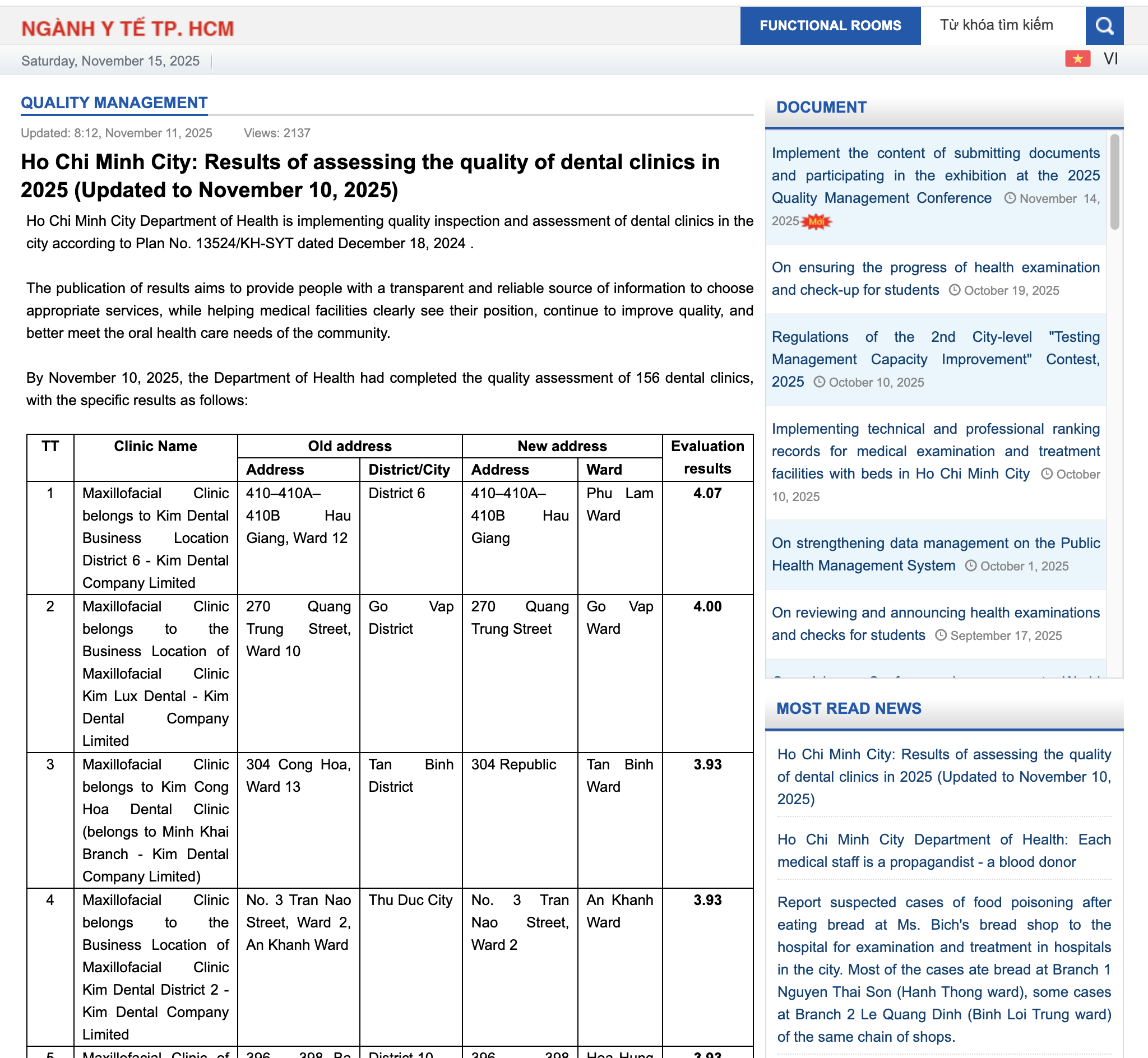 Public Release of the Quality Management Assessment and Ranking of Dental Clinics – Ho Chi Minh City Department of Health